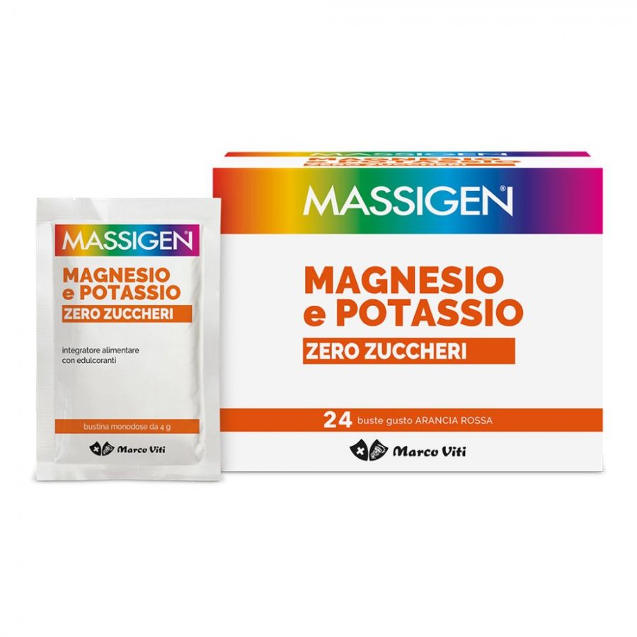 Massigen Magnesio e Potassio Zero Zuccheri 24 bustine da 6g Gusto Arancia Rossa - Integratore Alimentare per il Tuo Benessere
