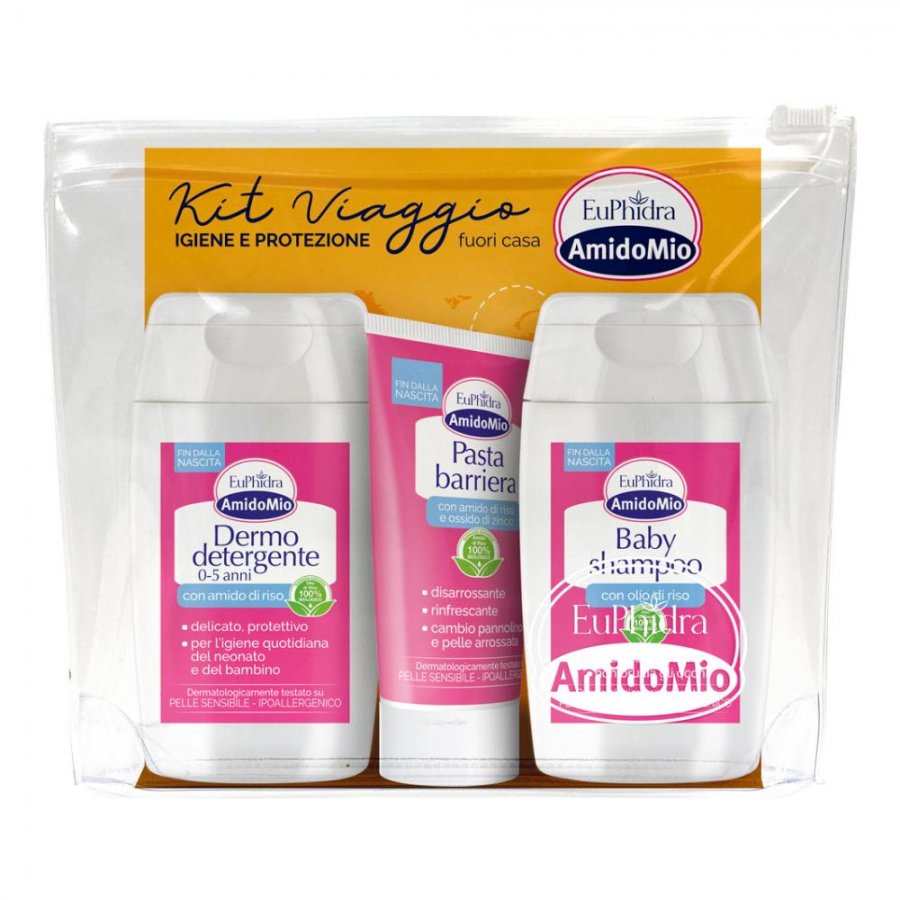 Euphidra Amido Mio Kit Viaggio Dermo Detergente 100ml + Baby Shampoo 100ml + Pasta Barriera 25ml - Protezione Completa per la Pelle del Bambino