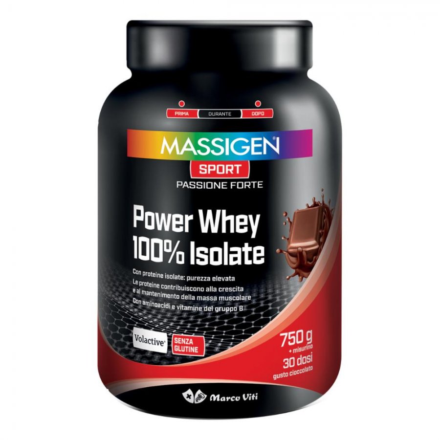 Massigen Sport Power Whey Isolate Cioccolato 750g - Integratore Proteico con Proteine Isolate al 100%