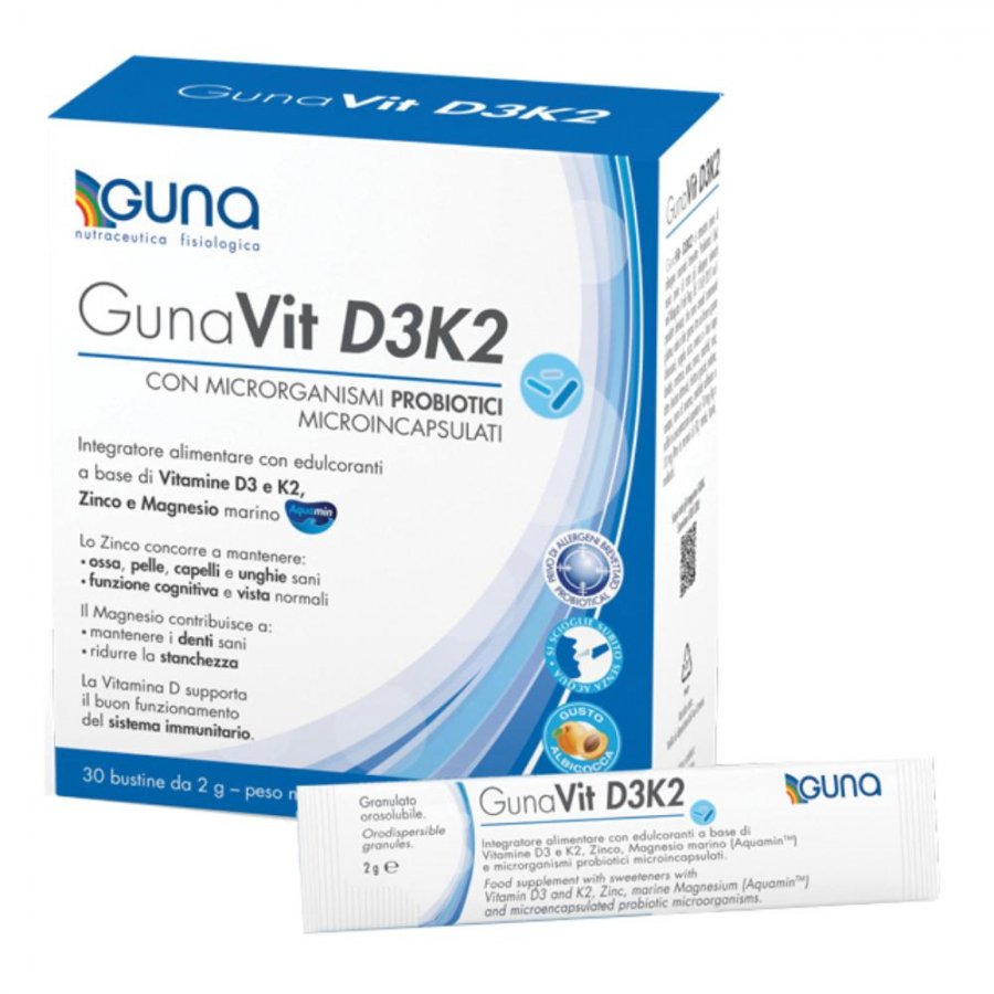 Gunavit D3K2 30 Bustine da 2g - Integratore Alimentare con Vitamine D3 e K2, Zinco, Magnesio Marino e Probiotici