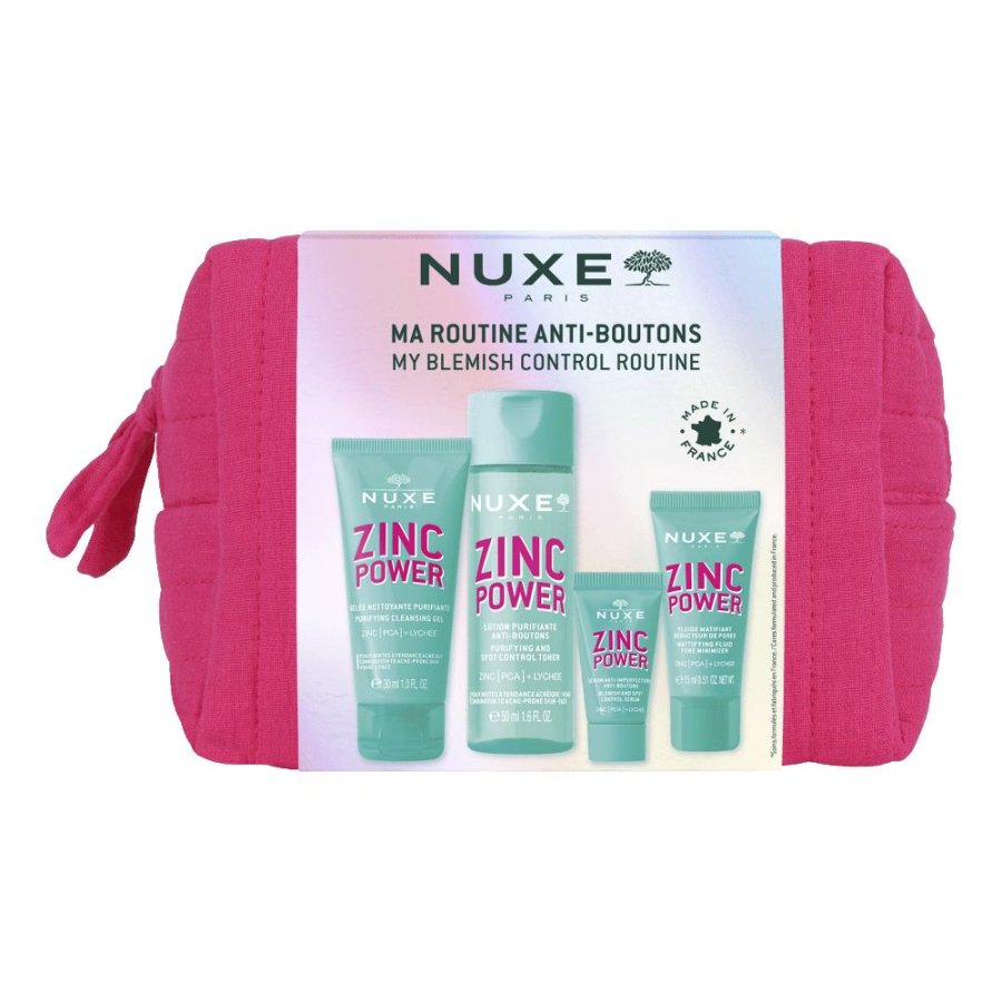 Nuxe Zinc Power Routine, Gel Detergente 30 ml + Lozione purificante 50 ml + Siero 5 ml + Fluido opacizzante 15 ml