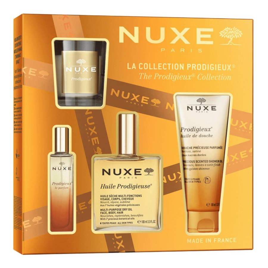 Nuxe Cofanetto Huile Prodigieuse Classico, Olio 100 ml + Profumo 15 ml + Gel Doccia 100 ml + Candela 60 g Nuxe Cofanetto Huile Prodigieuse Classico, Olio 100 ml + Profumo 15 ml + Gel Doccia 100 ml + Candela 60 g