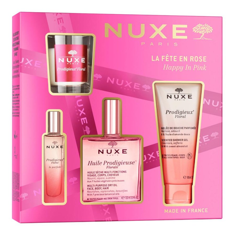 Nuxe Cofanetto Huile Prodigieuse Florale, Olio 100 ml + Profumo 15 ml + Gel Doccia 100 ml + Candela 60 g Nuxe Cofanetto Huile Prodigieuse Florale, Olio 100 ml + Profumo 15 ml + Gel Doccia 100 ml + Candela 60 g