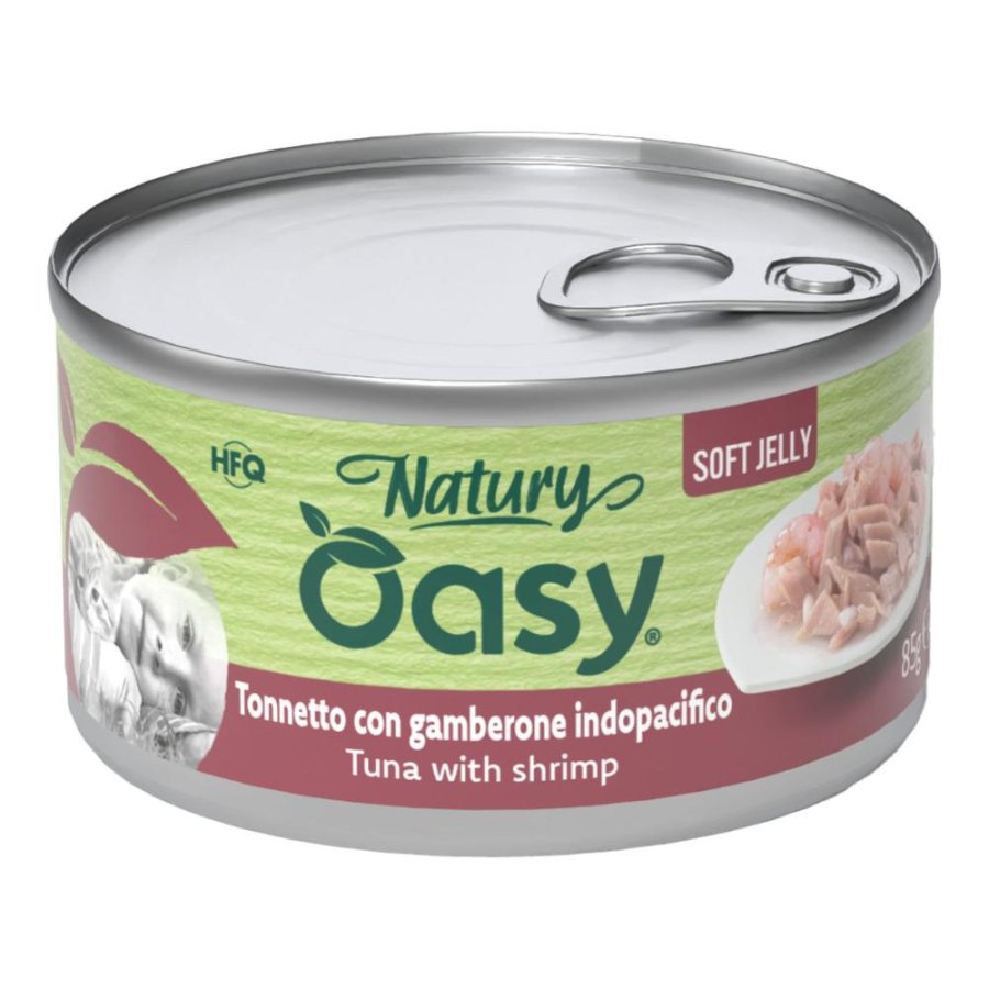 OASY GATTO NATURY SOFT JELLY TONNETTO CON GAMBERONE 85GR (lattina)