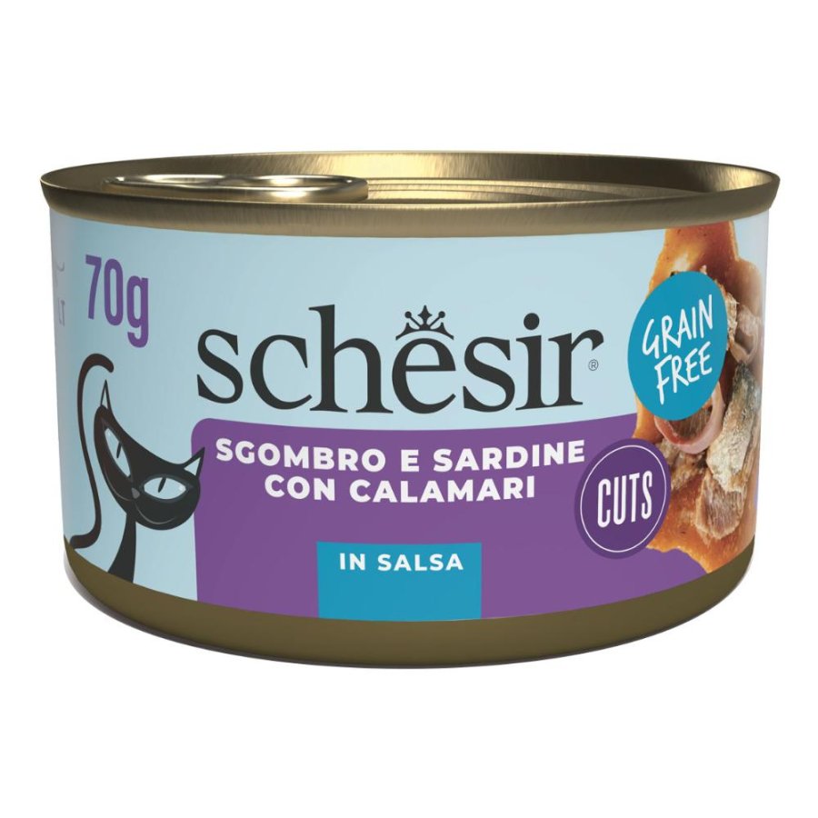 SCHESIR GATTO SALSA GRAIN FREE SGOMBRO CON SARDINE E CALAMARI 70GR (lattina)