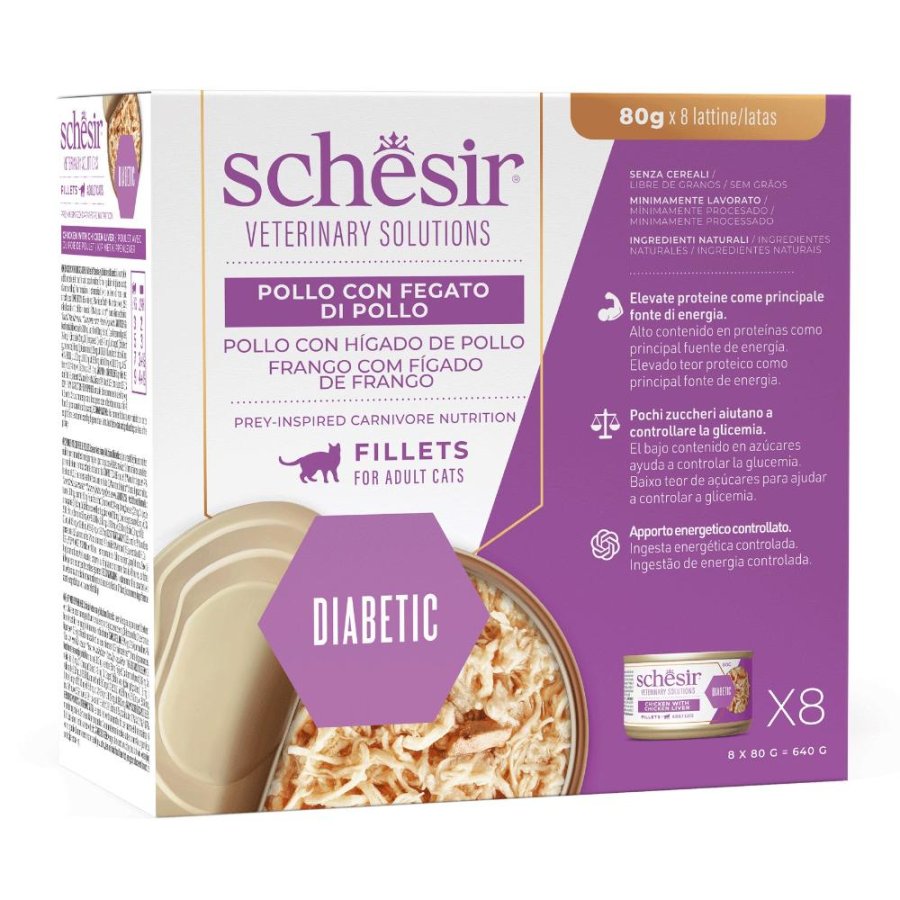 SCHESIR GATTO VETERINARY SOLUTIONS DIABETIC FILETTI POLLO CON FEGATO DI POLLO 80GR (lattina)