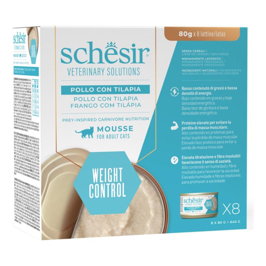SCHESIR GATTO VETERINARY SOLUTIONS WEIGHT CONTROL MOUSSE CON POLLO E TILAPIA 80GR (lattina)