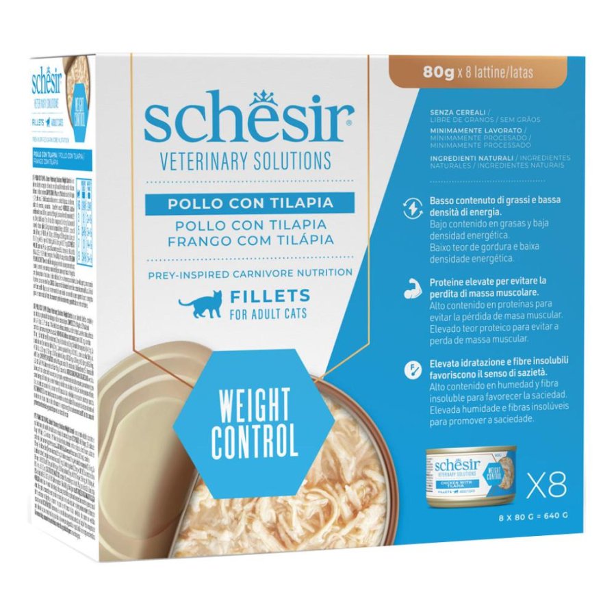 SCHESIR GATTO VETERINARY SOLUTIONS WEIGHT CONTROL FILETTI CON POLLO E TILAPIA 80GR (lattina)