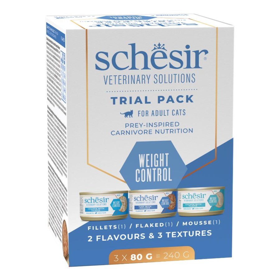 SCHESIR GATTO VETERINARY SOLUTIONS WEIGHT CONTROL MOUSSE POLLO FILETTI DI POLLO PEZZETTI TONNO 3x80GR (lattina) - MULTIPACK