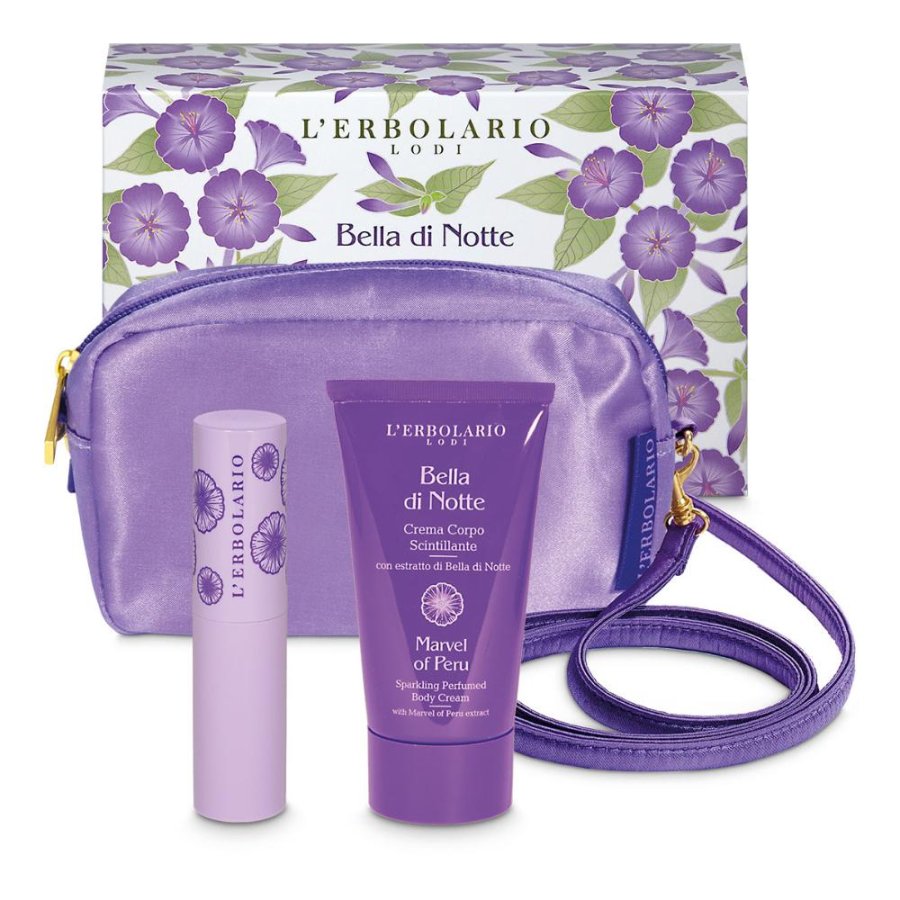 L'Erbolario Cofanetto Bella di Notte, Mini Beauty Bag Serata Scintillante + Crema Corpo 75 ml + Profumo Solido 9 g