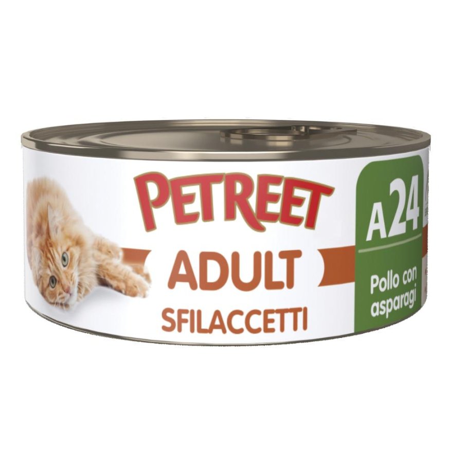 PETREET GATTO ADULT A24 SFILACCETTI POLLO ASPARAGI 70GR (lattina)