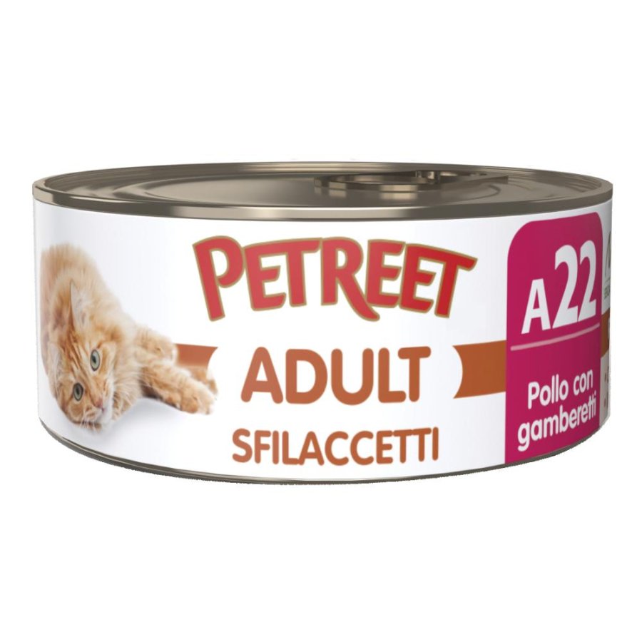 PETREET GATTO ADULT A22 SFILACCETTI POLLO GAMBERETTI 70GR (lattina)