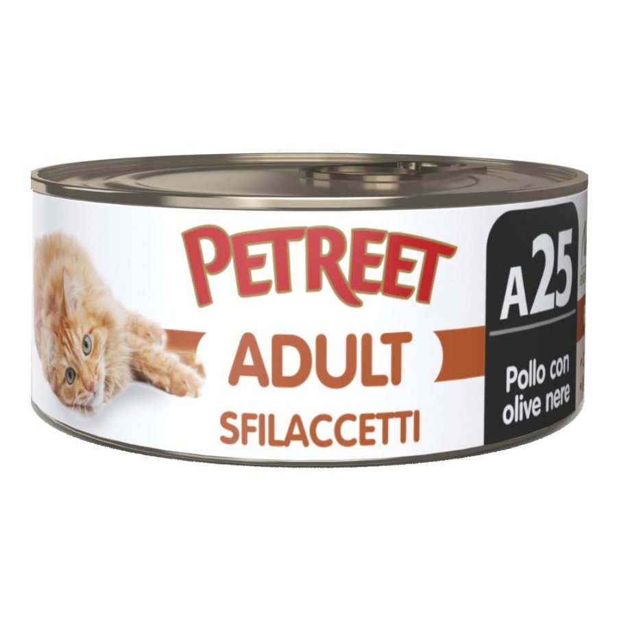 PETREET GATTO ADULT A25 SFILACCETTI POLLO OLIVE NERE 70GR (lattina)