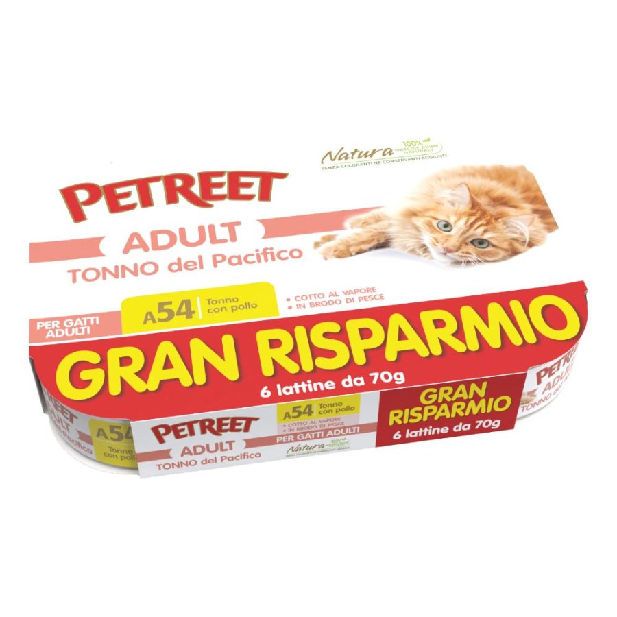 PETREET GATTO ADULT A54 TONNO DEL PACIFICO CON POLLO 6X70GR (lattina) MULTIPACK