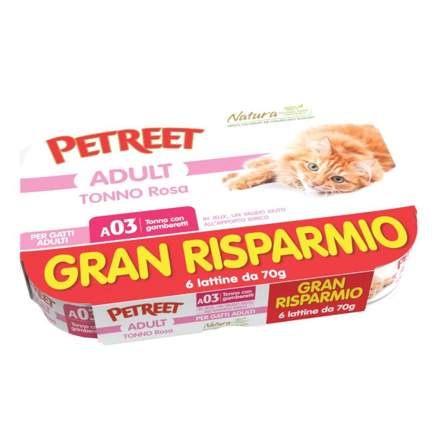 PETREET GATTO ADULT A03 TONNO ROSA GAMBERETTI 6x70GR (lattina) MULTIPACK
