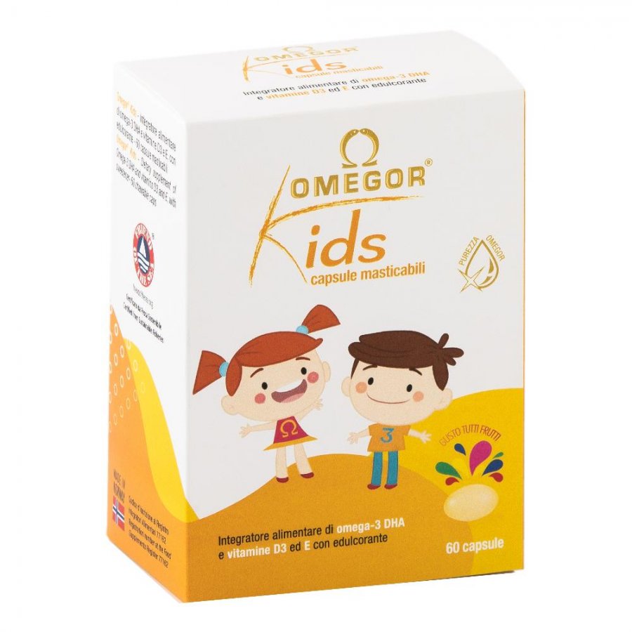 Omegor Kids - Integratore di Omega-3 per Bambini - 60 Capsule Gusto Tutti Frutti - Supporto per lo Sviluppo Cognitivo e la Salute dei Bambini