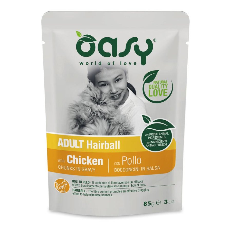 OASY GATTO ADULT HAIRBALL BOCCONCINI IN SALSA POLLO 85GR (bustina)