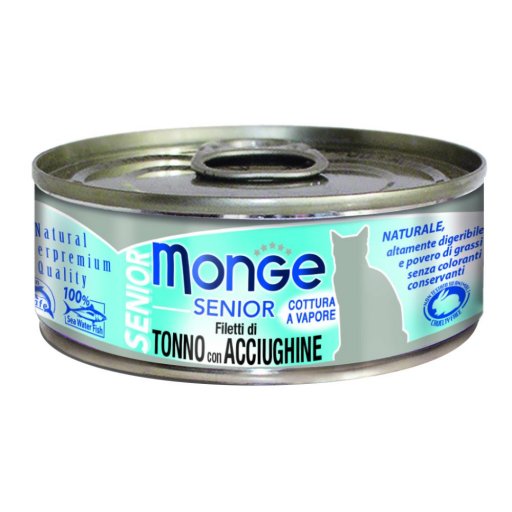 Monge Cat Jelly Senior Tonno Pacifico Filetti con Acciughe 80g - Cibo Umido per Gatti Anziani