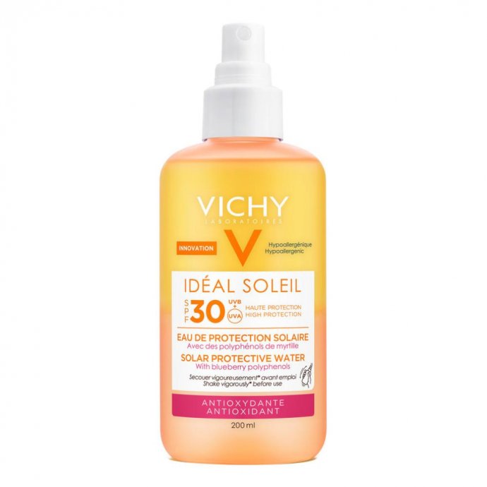 Vichy Ideal Soleil SPF30 Acqua Solare Antiossidante Protettiva 200 ml - Alta Protezione UV, Freschezza, Senza Effetto Bianco