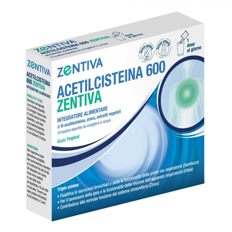 Acetilcisteina 600 Zentiva 10 Bustine - Integratore per il Benessere Respiratorio