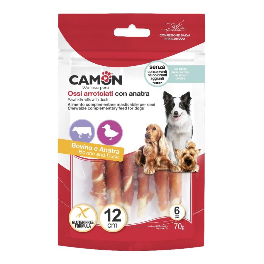 CAMON CANE SNACK OSSI ARROTOLATI BOVINO ANATRA 12CM 6PZ 70GR