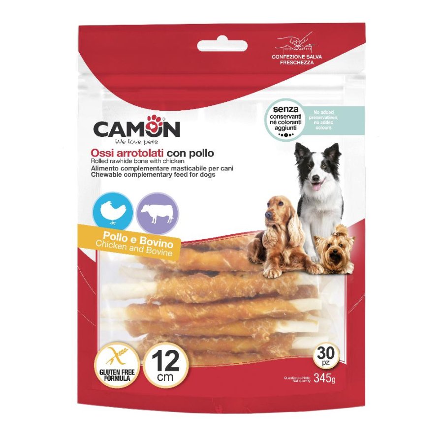 CAMON CANE SNACK ROLLIE CHEW PELLE BOVINA POLLO 12CM 30PZ 345GR