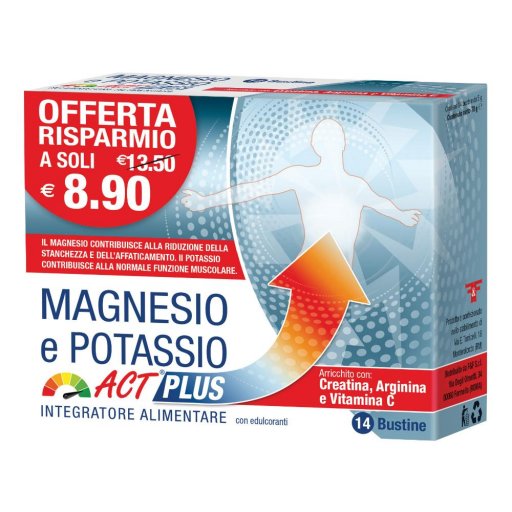 Magnesio E Potassio Act Plus, Linea Act, 14 Bustine, Supporto Muscolare, Riduzione Stanchezza, Integratore Alimentare