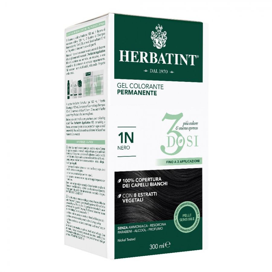 Herbatint - Tintura Per Capelli Gel Permanente 1N Nero 300 ml (3 Dosi) - Formula Delicata Senza Ammoniaca