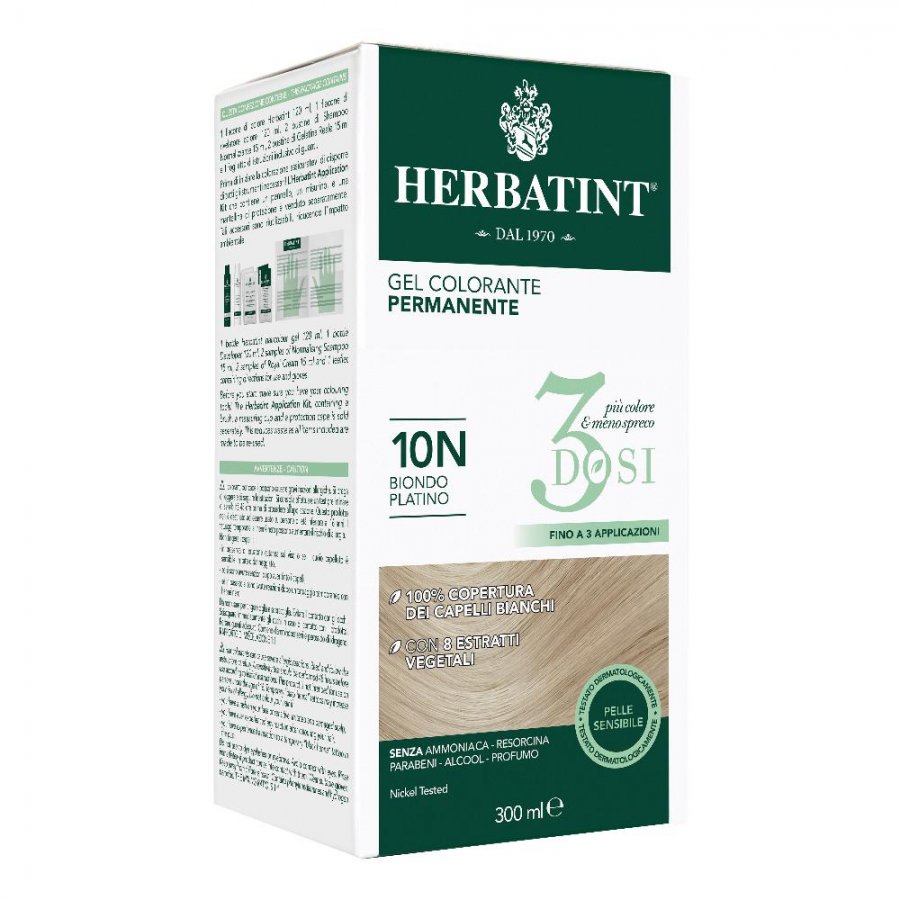 Herbatint - Tintura Per Capelli Gel Permanente 10N Biondo Platino 3 Dosi 300 ml - Colorazione Naturale e Duratura