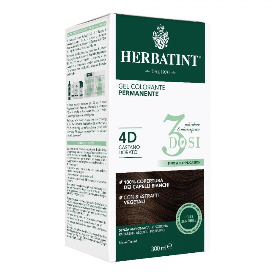Herbatint Tintura Per Capelli Gel Permanente 4D Castano Dorato 300 ml 3 Dosi - Colorazione Senza Ammoniaca