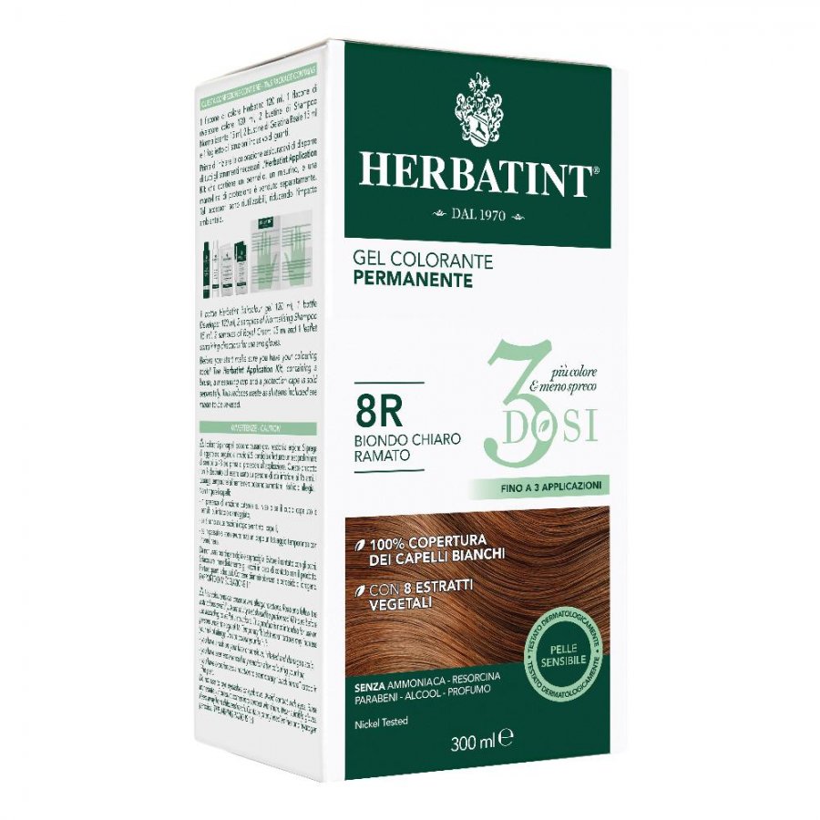 Herbatint 8R Biondo Chiaro Ramato - Tintura Capelli Gel Permanente 300 ml - Riflessi Ramati e Luminosità Dorata