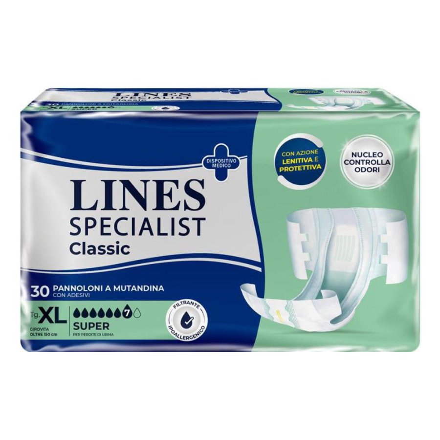 Lines Specialist Classic Pannoloni Unisex Taglia XL Assorbenza Super, 30 Pezzi Lines Specialist Classic Pannoloni Unisex Taglia XL Assorbenza Super, 30 Pezzi
