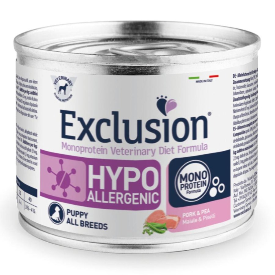 EXCLUSION CANE DIET HYPOALLERGENIC ALL BREEDS PUPPY MAIALE PISELLI 200GR (lattina)