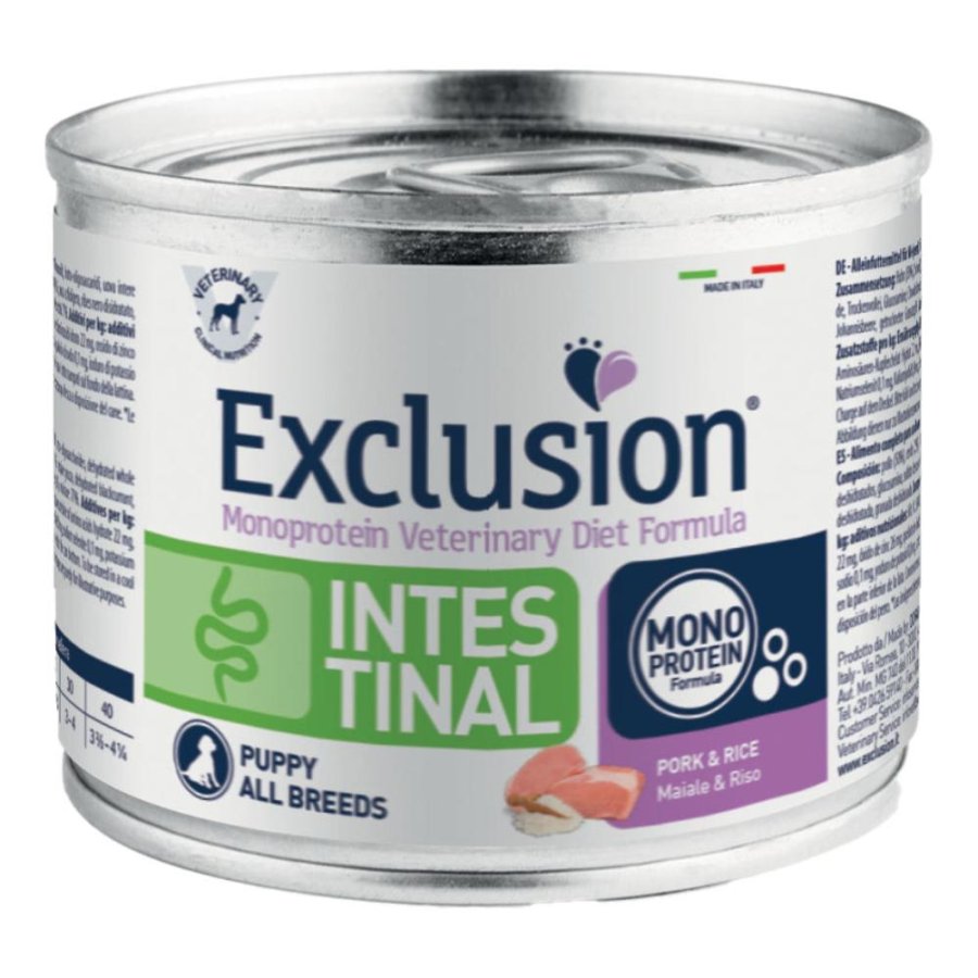 EXCLUSION CANE DIET INTESTINAL MONOPROTEICO ALL BREEDS PUPPY MAIALE RISO 200GR (lattina)