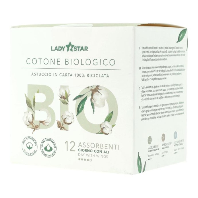 Lady Star Assorbenti Esterni 100% Cotone Bio da Giorno con Ali, 12 Pezzi Lady Star Assorbenti Esterni 100% Cotone Bio da Giorno con Ali, 12 Pezzi