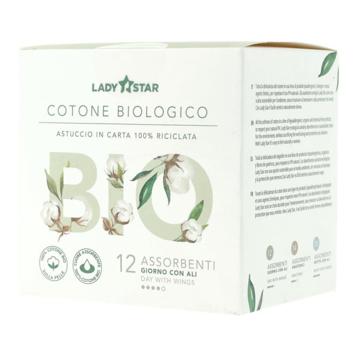 Lady Star Assorbenti Esterni 100% Cotone Bio da Giorno con Ali, 12 Pezzi