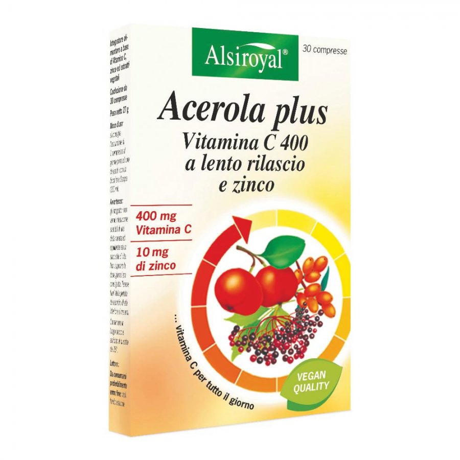 Acerola 400 Plus Vitamina C - 30 Compresse, Integratore, Marca Acerola, 30 Compresse