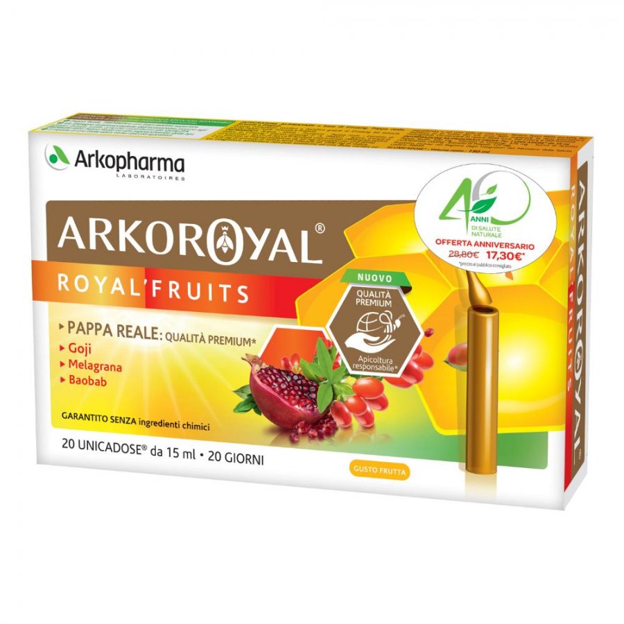 Arkoroyal Royal Fruits 20 Unicadose - Integratore Pappa Reale, Goji, Melagrana, Baobab