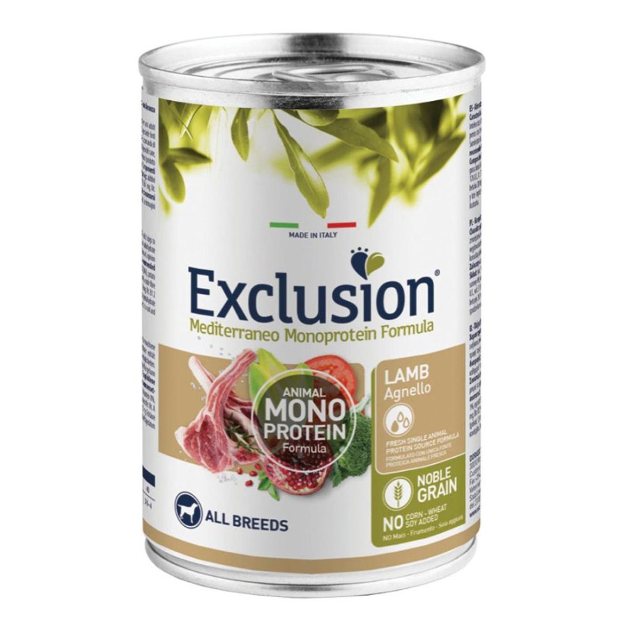 EXCLUSION CANE MEDITERRANEO MONOPROTEICO NOBLE GRAIN ALL BREEDS ADULT AGNELLO 400GR (lattina)