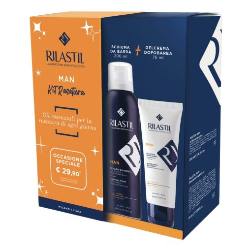 Rilastil Man Cofanetto Rituale Rasatura, Schiuma da Barba 200ml, Gel-Crema Dopo Barba 75ml, Idratante e Lenitivo per Pelli Sensibili