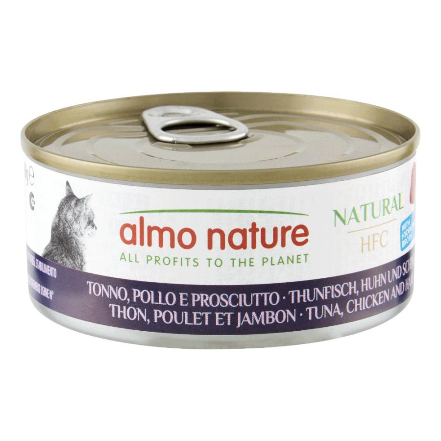 ALMO NATURE GATTO HFC NATURAL TONNO POLLO PROSCIUTTO 150GR (lattina)