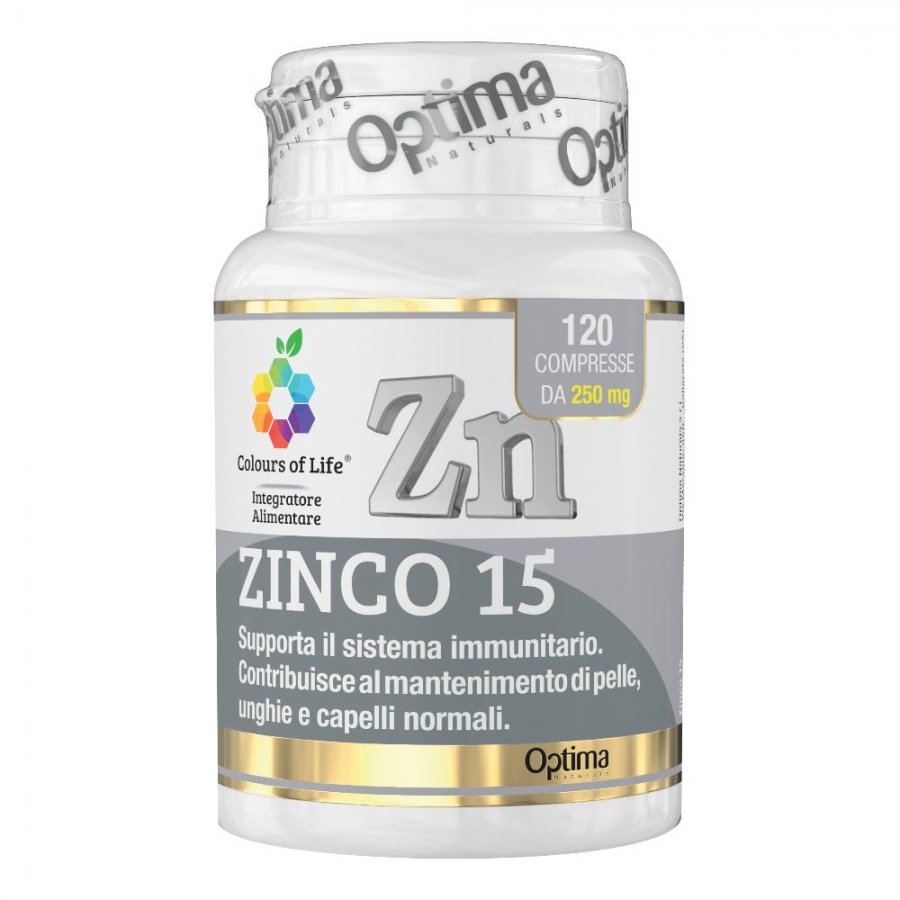 Colours of Life - Zinco 15 - 120 Compresse - Integratore per il Sistema Immunitario e la Salute di Pelle, Unghie e Capelli
