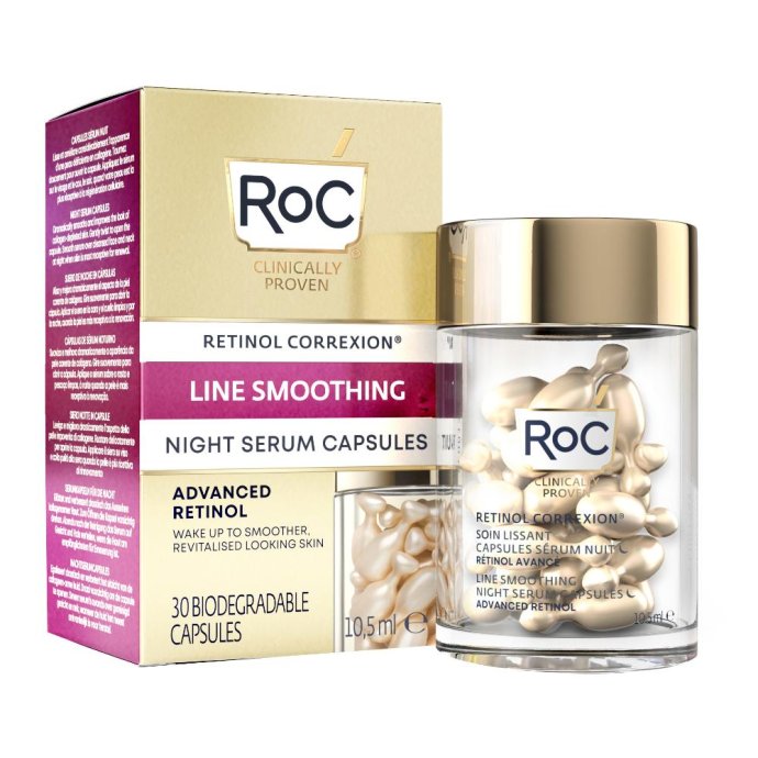 RoC Retinol Correxion Line Smoothing Siero Viso 30 Capsule - Trattamento Notte Anti-Rughe, Idratante e Levigante