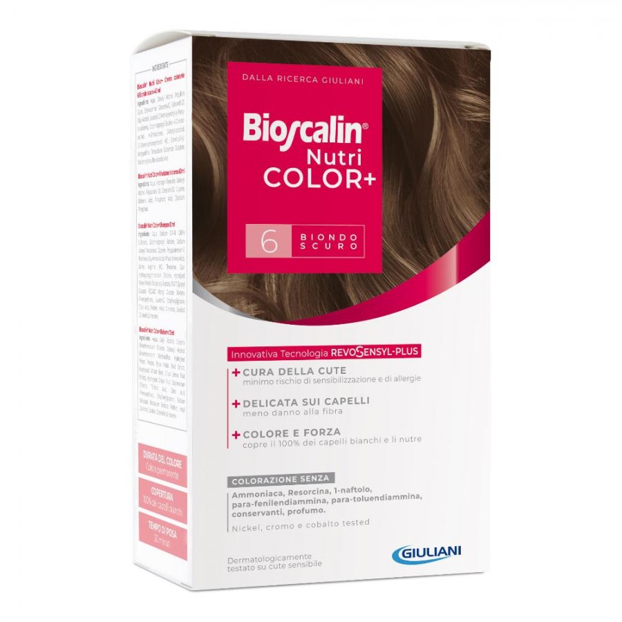 Bioscalin - Nutricolor Plus Colorazione Capelli Permanente 6 Biondo Scuro - Kit Completo con Crema Colorante, Rivelatore Crema, Shampoo e Trattamento Finale