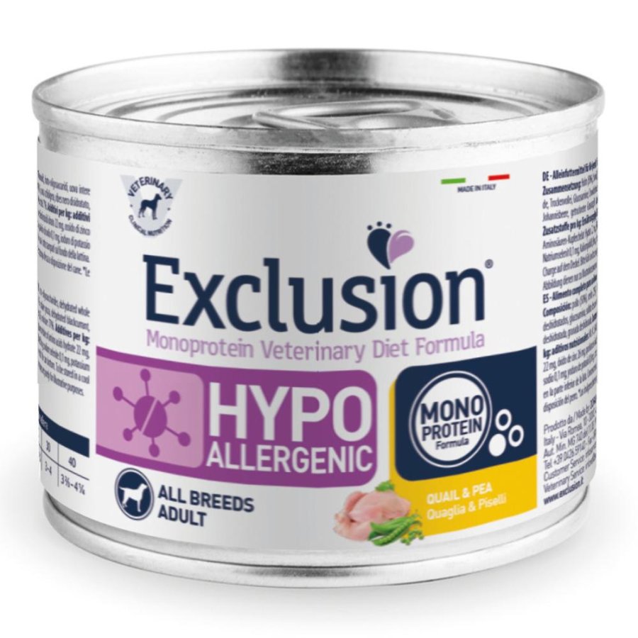 EXCLUSION CANE DIET HYPOALLERGENIC ALL BREEDS ADULT QUAGLIA PISELLI 200GR (lattina)