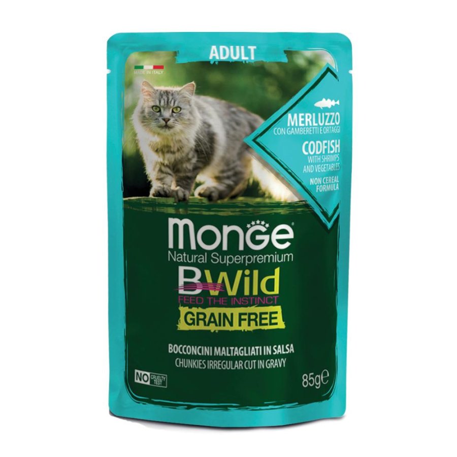 MONGE GATTO BWILD GRAIN FREE ADULT MERLUZZO 85GR (bustina)