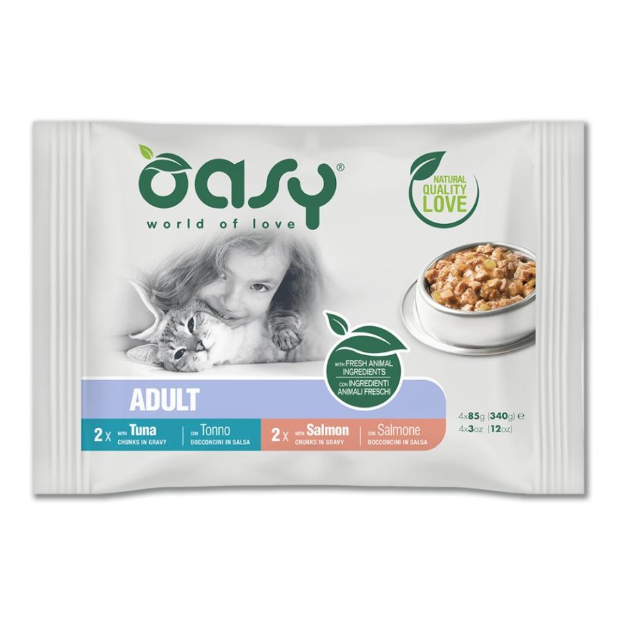 OASY GATTO ADULT BOCCONCINI IN SALSA TONNO/SALMONE 4x85GR (bustina) MULTIPACK