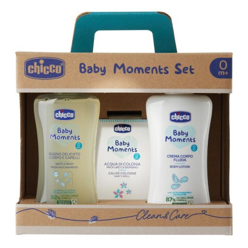 Chicco Baby Moments Set Pelli Delicate Bagno Corpo/Capelli 200ml + Crema Corpo 200ml + Acqua Di Colonia 100ml - Kit Completo per la Cura della Pelle del Bambino