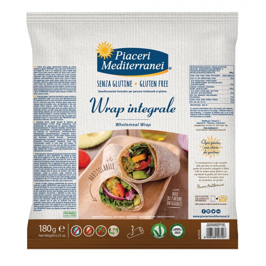 Piaceri Mediterranei Wrap Integrale 3x60g - Piadine Integrali Senza Glutine, Senza Latticini, Vegan