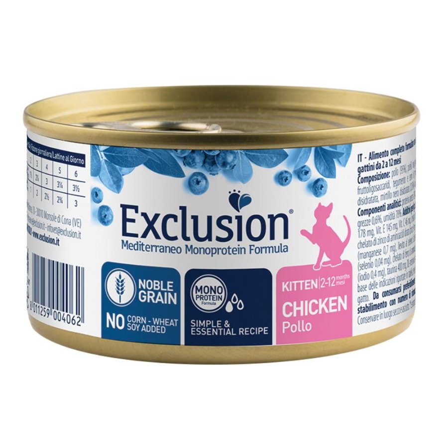 EXCLUSION GATTO MEDITERRANEO MONOPROTEICO NOBLE GRAIN KITTEN POLLO 85GR (lattina)